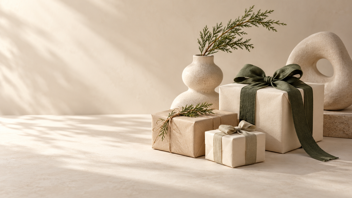 Ivory gift boxes with understated green ribbon in soft natural light